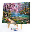 Frameless Oil Paint By Numbers River Flower Trees DIY Canvas Picture Kit