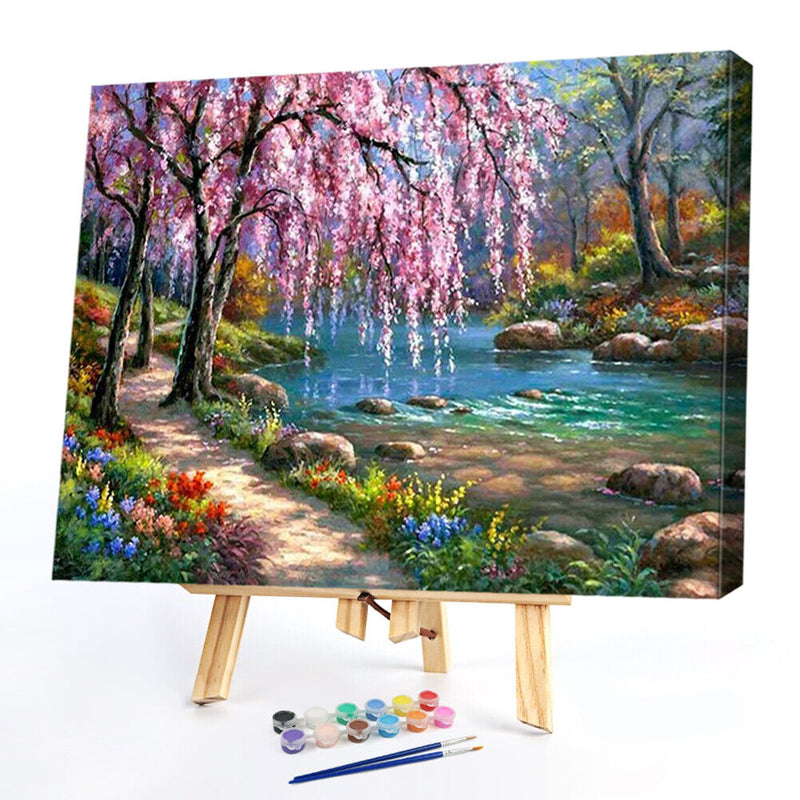 Frameless Oil Paint By Numbers River Flower Trees DIY Canvas Picture Kit