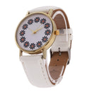 Women Lovely Flowers Printed Leather Belt Quartz Strap Student Watch(White)