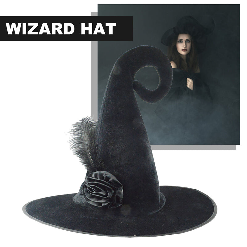 Halloween Witch Hat Pointed Velvet Witch Hat with Flower Woman Costume Props