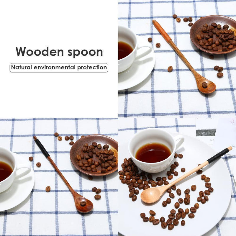 10PCSLong Handle Spoon Wood Soup Coffee Kitchen Tableware (Old Paint Black)