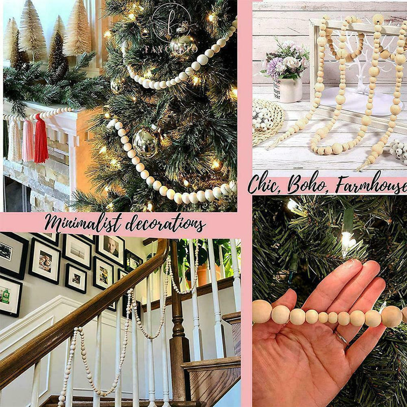 Wood Bead Garland Farmhouse Home Decor Rustic Country Holiday Christmas M7S0