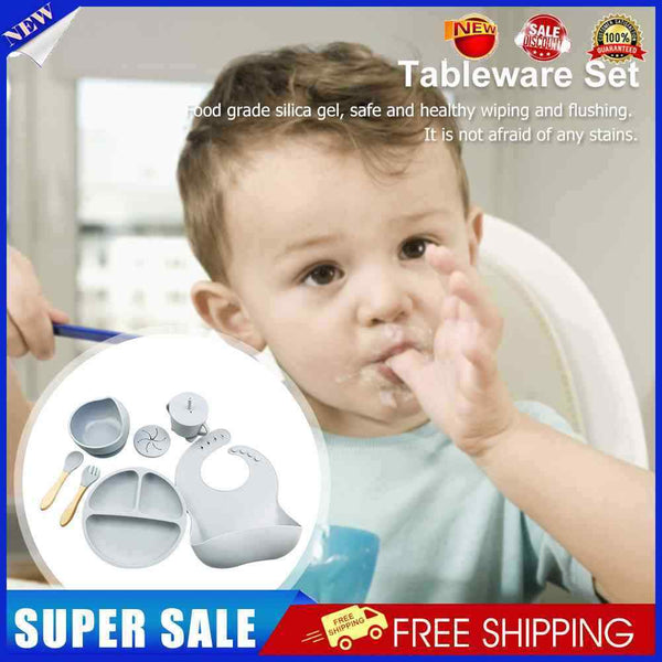 #A 6pcs Silicone Baby Feeding Set Anti Slip Tableware for Kids Food Plates Set