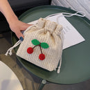 Casual Women Cherry Handmade Straw Shoulder Bag Woven Drawstring Crossbody Bag