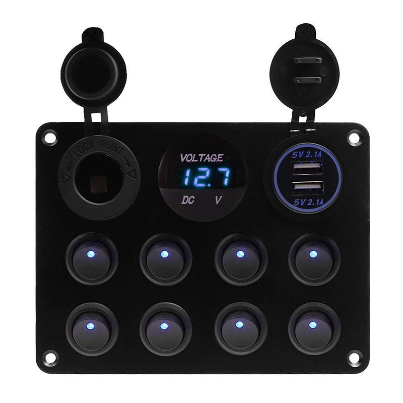 Waterproof Circuit Breaker 8 Gang 12V/24V LED Rocker Switch Panel Dual USB Port