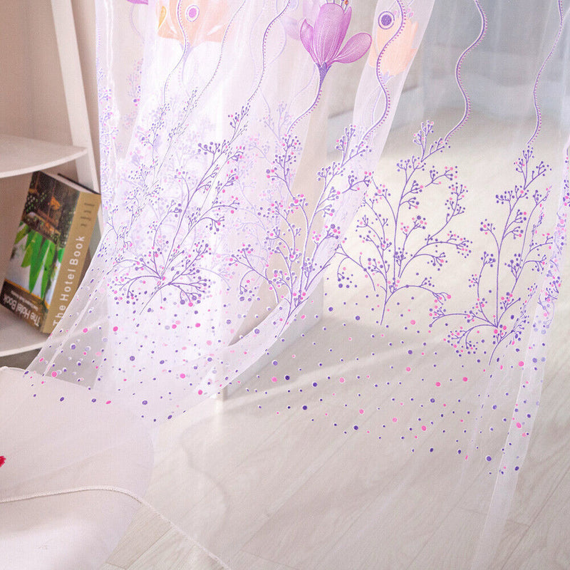 Flowers Print Translucent Curtains Windows Decor Tulle Sheer Drapes Purple