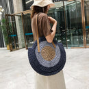 Women Color Patchwork Woven Round Straw Rattan Bag Shoulder Crossbody Handbag