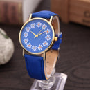 Women Lovely Flowers Printed Leather Belt Quartz Strap Student Watch(Blue)