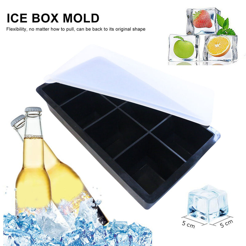 Silicone Ice Cube Trays for Freezer 8 Cells Ice Molds for Drinks (w/ Lid) Newly