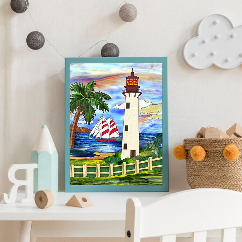 Cartoon Lighthouse Oil Paint By Numbers DIY Handpainted on Canvas Wall Art