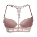 Women Embroidered Front Y Straps Push Up Deep V Bra (Incarnadine)(75B)