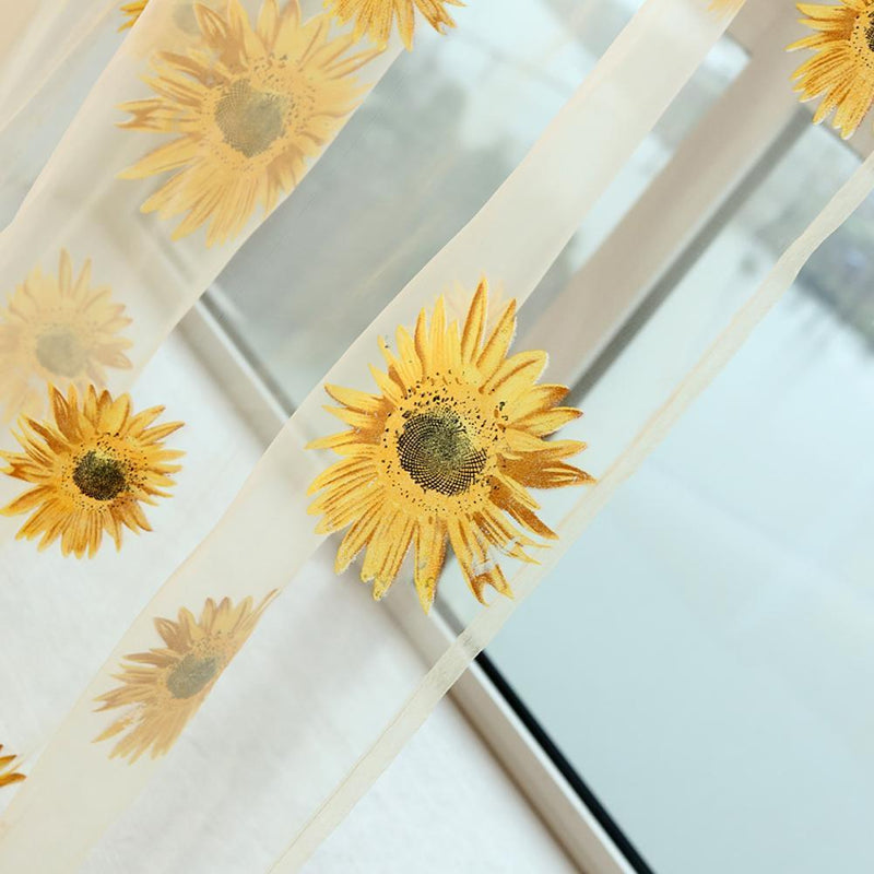 Sunflower Print Window Door Curtain Tulle Curtains for Living Room (Yellow)