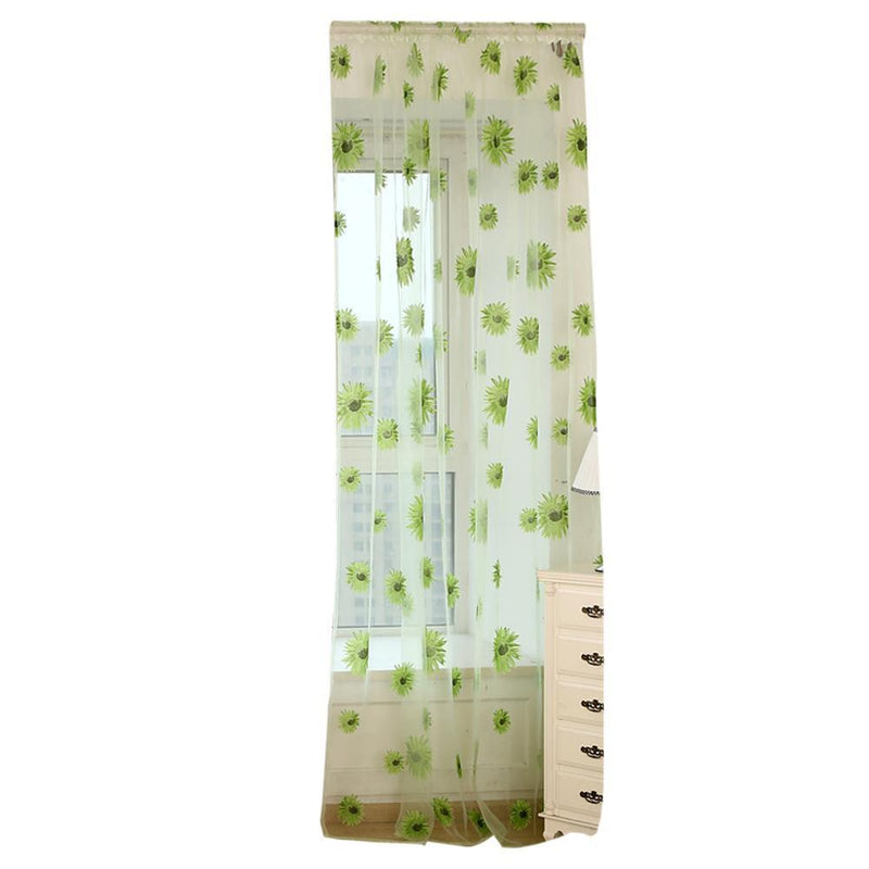 Sunflower Print Window Door Curtain Tulle Curtains for Living Room (Green)