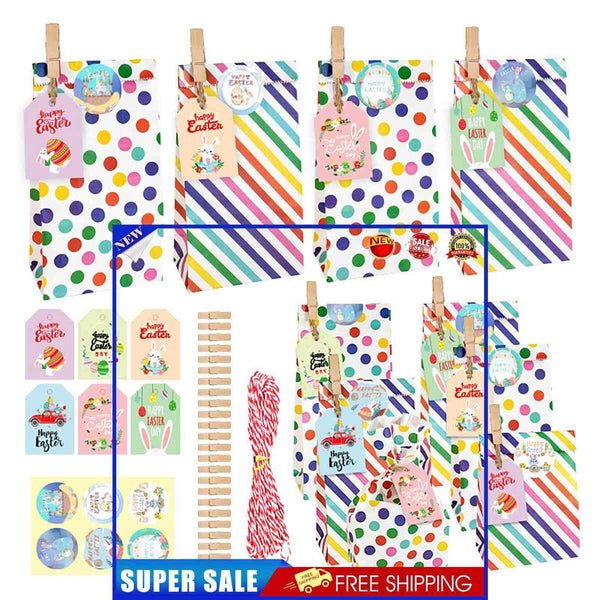 Easter Paper Bag 24 Sets Wrapped Treat Bag with Stickers Clips 10m Ropes