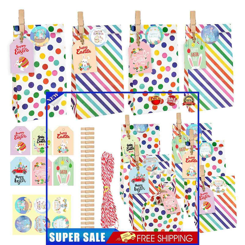 Easter Paper Bag 24 Sets Wrapped Treat Bag with Stickers Clips 10m Ropes