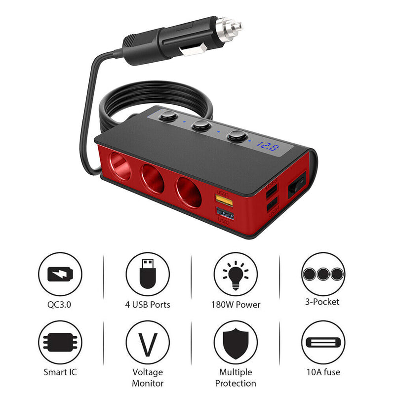QC3.0 Cigarette Lighter 3 Socket 180W Power Adapter USB Car Charger (Red) Newly