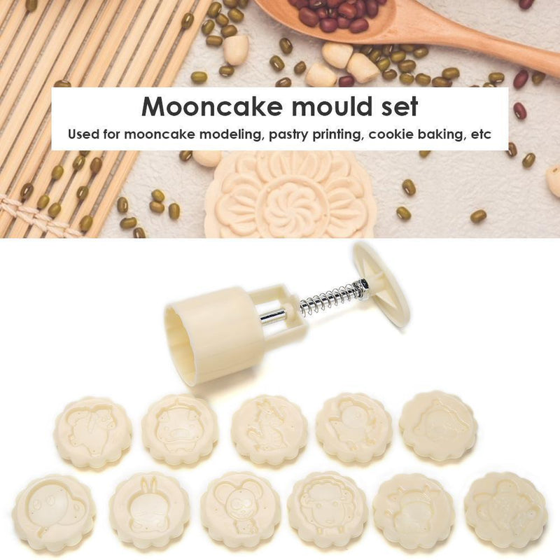12 Zodiac Round Mooncake Mold Set Hand-Press Pastry Cookie Bake Tools Decor
