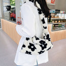 Fashion Women Flower Plush Shoulder Bag Winter Hit Color Handbag (Black)