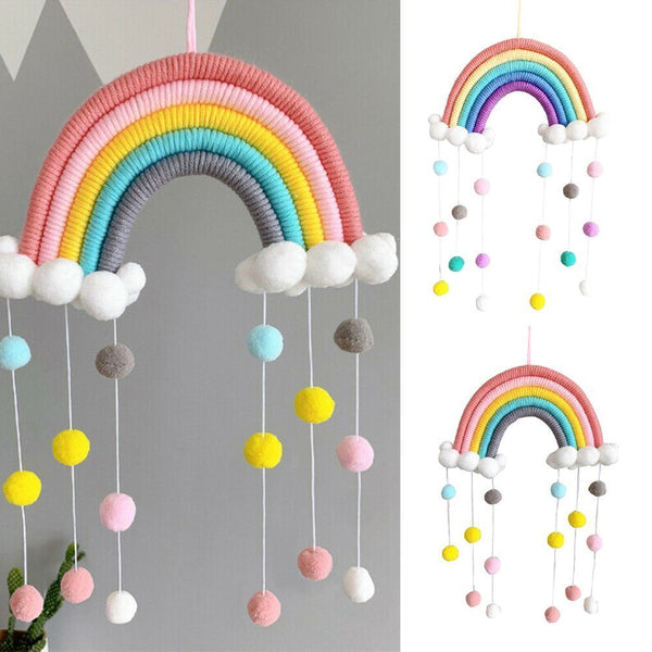 Woven PomPom Photo Prop Clouds Rainbow Tapestry Felt Ball Wall Hanging Decor