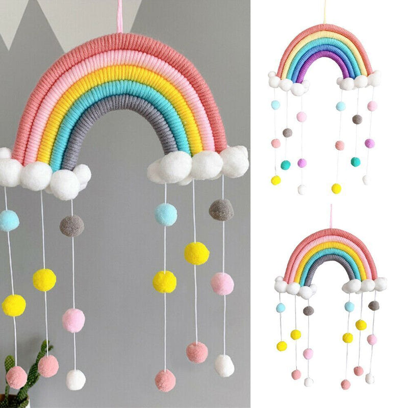 Woven PomPom Photo Prop Clouds Rainbow Tapestry Felt Ball Wall Hanging Decor