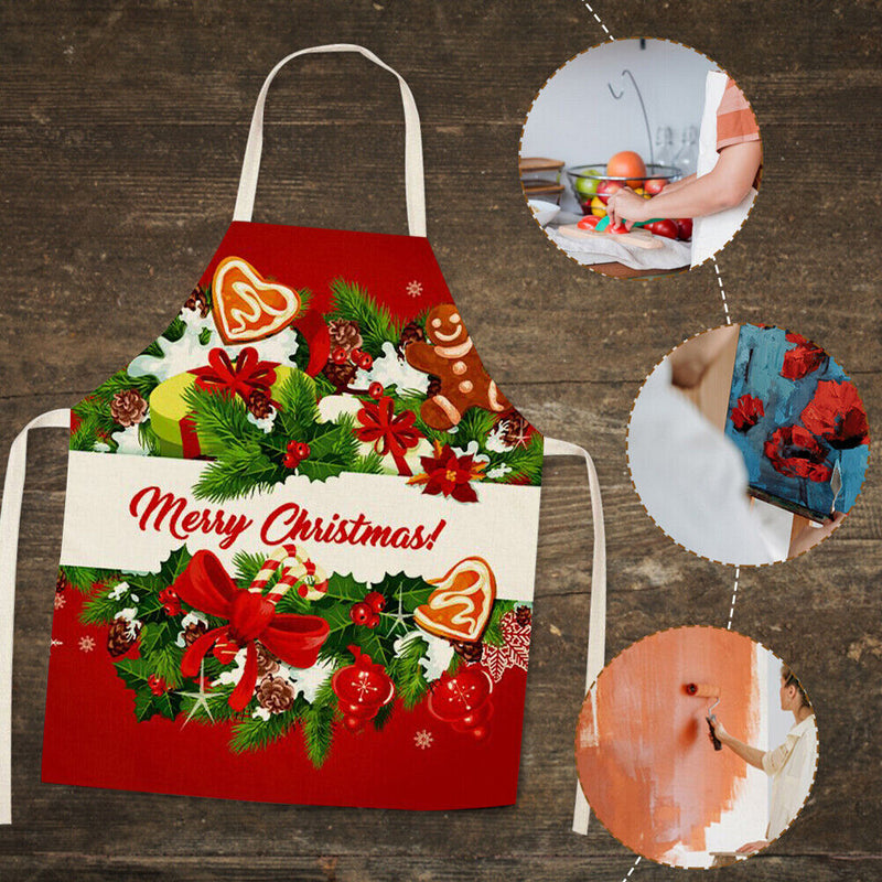 Merry Christmas Linen Kitchen Apron Waterproof Cooking Pinafore (82x68cm)