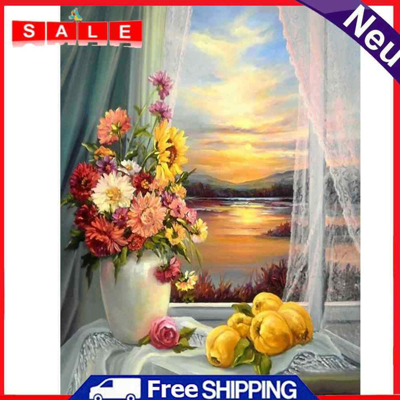 5D Full Round Drill Drawing Picture Window Scene Diamond Painting Room Ornament