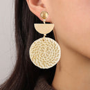 Korean Handmade Straw Woven Rattan Geometric Large Drop Earrings for Women