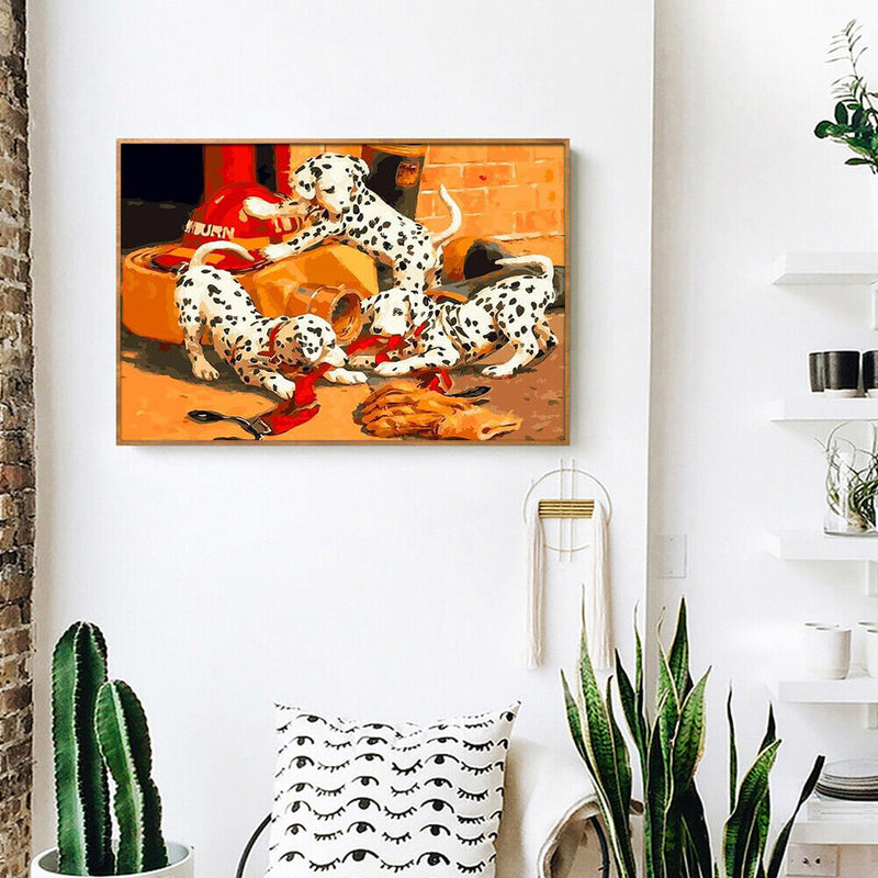 Frameless Painting By Numbers DIY Playing Dogs Picture Craft Home Wall Decor Kit