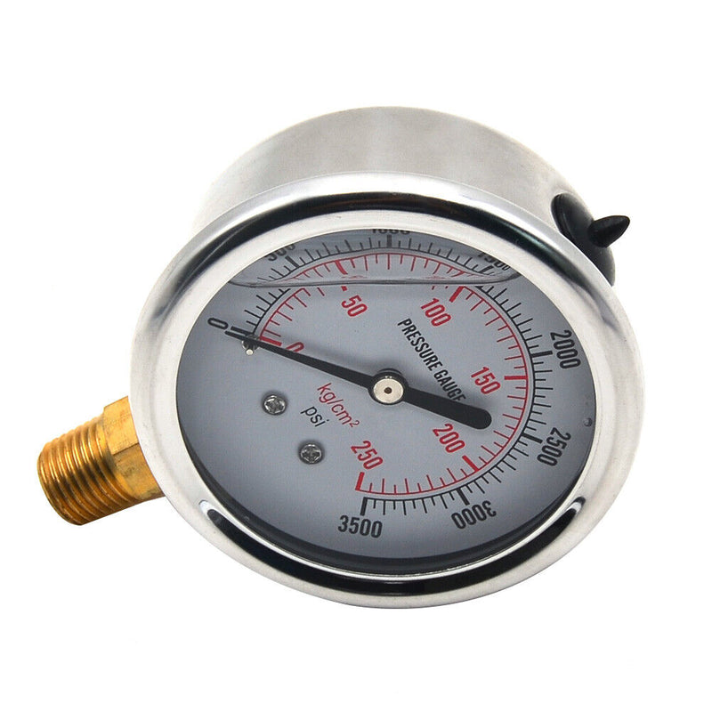 Stainless Steel Hydraulic Fluid Pressure Gauge Tester Meter 0-3500PSI US Thread