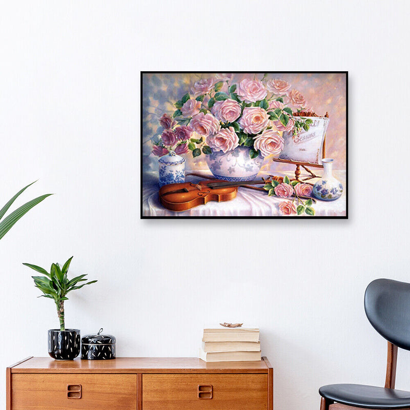 DIY Pink Rose Full Drill Round Diamond Painting Mosaic Kit Flower Picture Decor