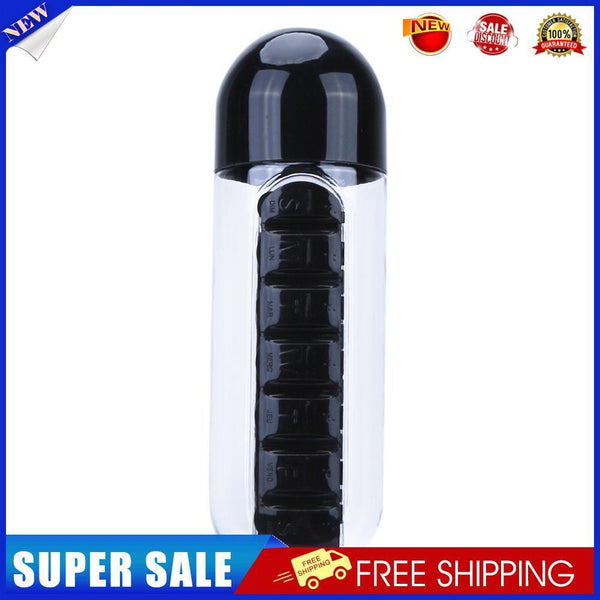 600ML Plastic 2 In 1 Combine Daily Pill Box Drinking Bottles Cups(Black)