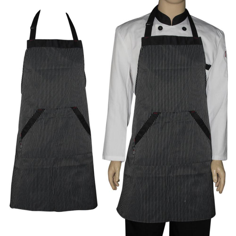 Universal Unisex  Stripe Bib Apron with  Pockets Chef Cook Tool Coffee B