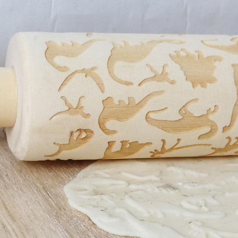 Wood Dinosaur Embossing Engraved Rolling Pin for DIY Baking Cookies Noodle