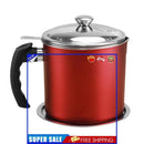 Stainless Steel Grease Strainer Container Oil Pot with Lid Can (Red)