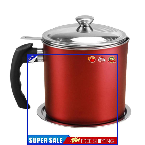 Stainless Steel Grease Strainer Container Oil Pot with Lid Can (Red)