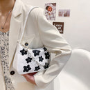Women Chain Underarm Shoulder Bag Canvas Flower Print Handbags Tote (Black)