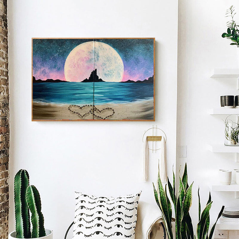 2 Panels Beach Hearts Moon Oil Paint By Numbers Wall Art Craft Home Decorat