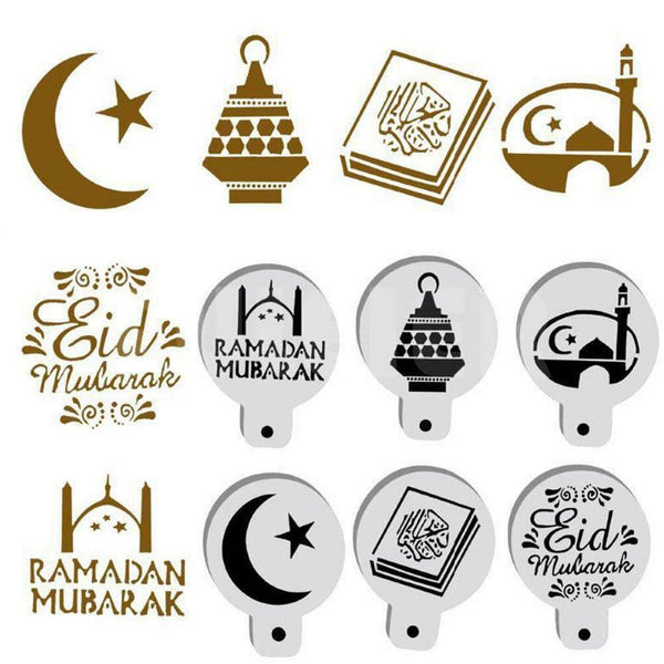 8pcs Eid Mubarak Coffee Spray Stencils Cookie Pastry Cakes Molds Festival Partys