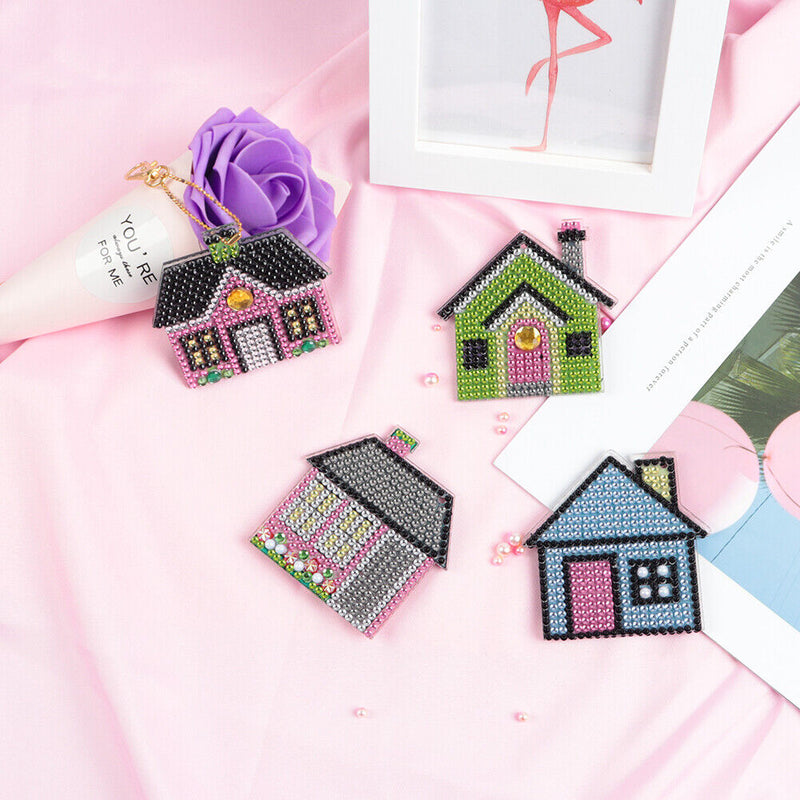 Mini Diamond Painting Four Houses Cross Stitch Mosaic Kit Key Ring Bag Decor