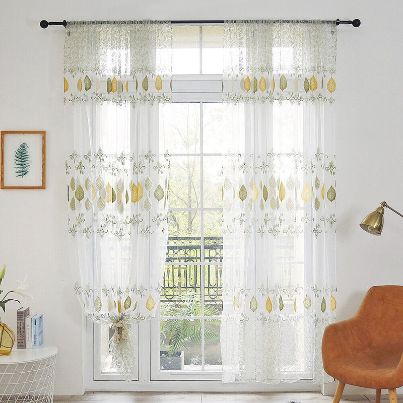Sheer Leaf Printing Perforated Tulle Curtain Balcony Room Sliding Window Scre