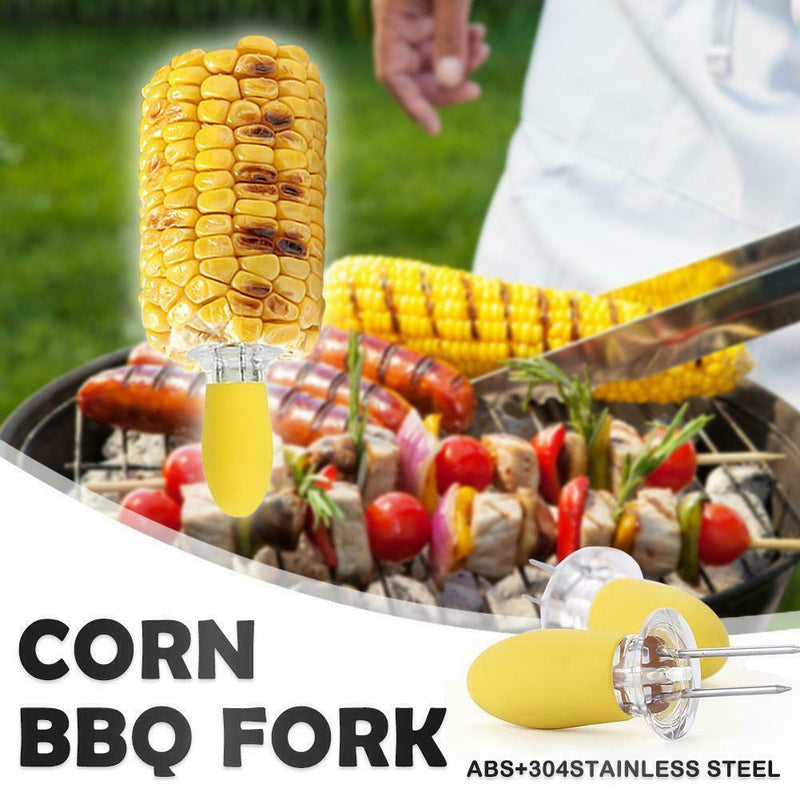 Steel Corn BBQ Forks Outdoor Party Kitchen Tool Yellow T3W8