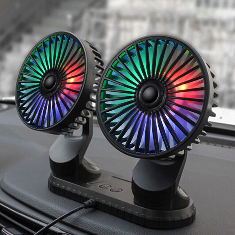 F404D Car Fan USB Dual Head Dashboard Fan with LED Lights for 12V 24V Truck SUV
