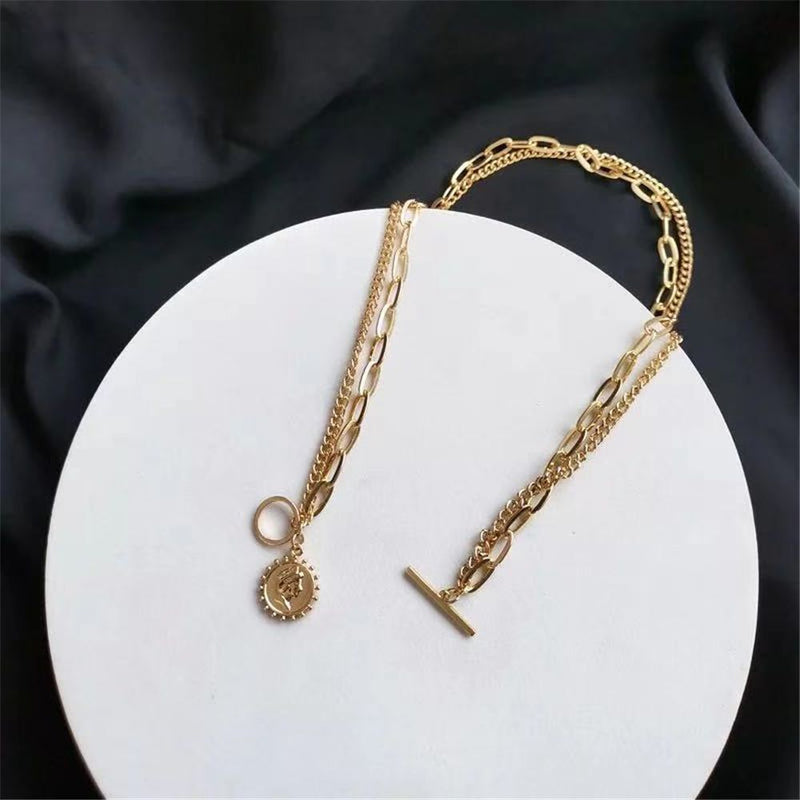Women Stainless Steel  Chain Collar Statement Coin Pendant Punk Choker Necklace