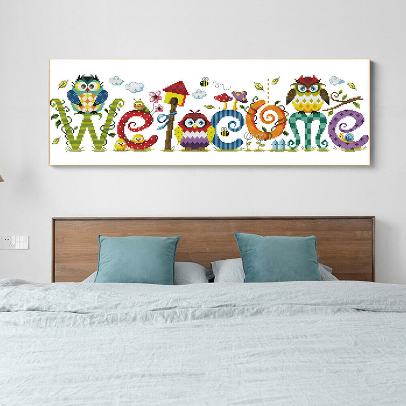 Owl Welcome Sign 14CT Counted Embroidery DIY Cotton Thread Partial Cross Stitch