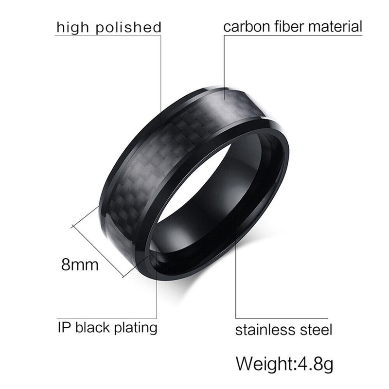 Engagement Stainless Steel Punk Wedding Band Carbon Fiber Ring Men Ring Black