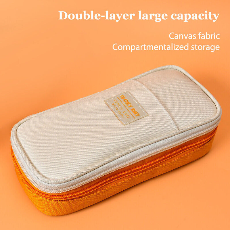 Canvas Pencil Case Double Layer Large Capacity Stationery Pen Box (Yellow) Newly