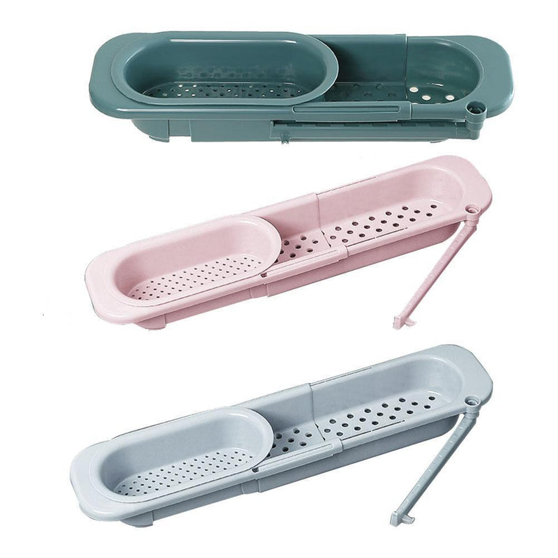 Telescopic Sink Shelf Soap Sponge Holder Drainer Storage Basket (Blue Gray)