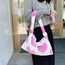 Retro Women Love Print Plush Shoulder Bag Winter Hit Color Handbag (Pink)