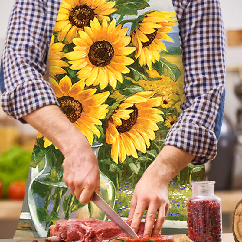 Sunflowers Linen Apron Waterproof Kitchen Cooking Bibs Pinafore (82x68cm)