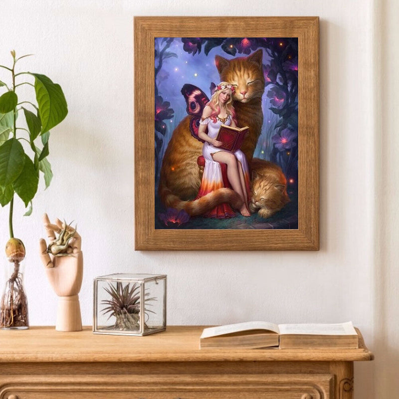 Butterfly Girl and Cat Oil Paint By Numbers DIY Handpainted on Canvas Wall Ar